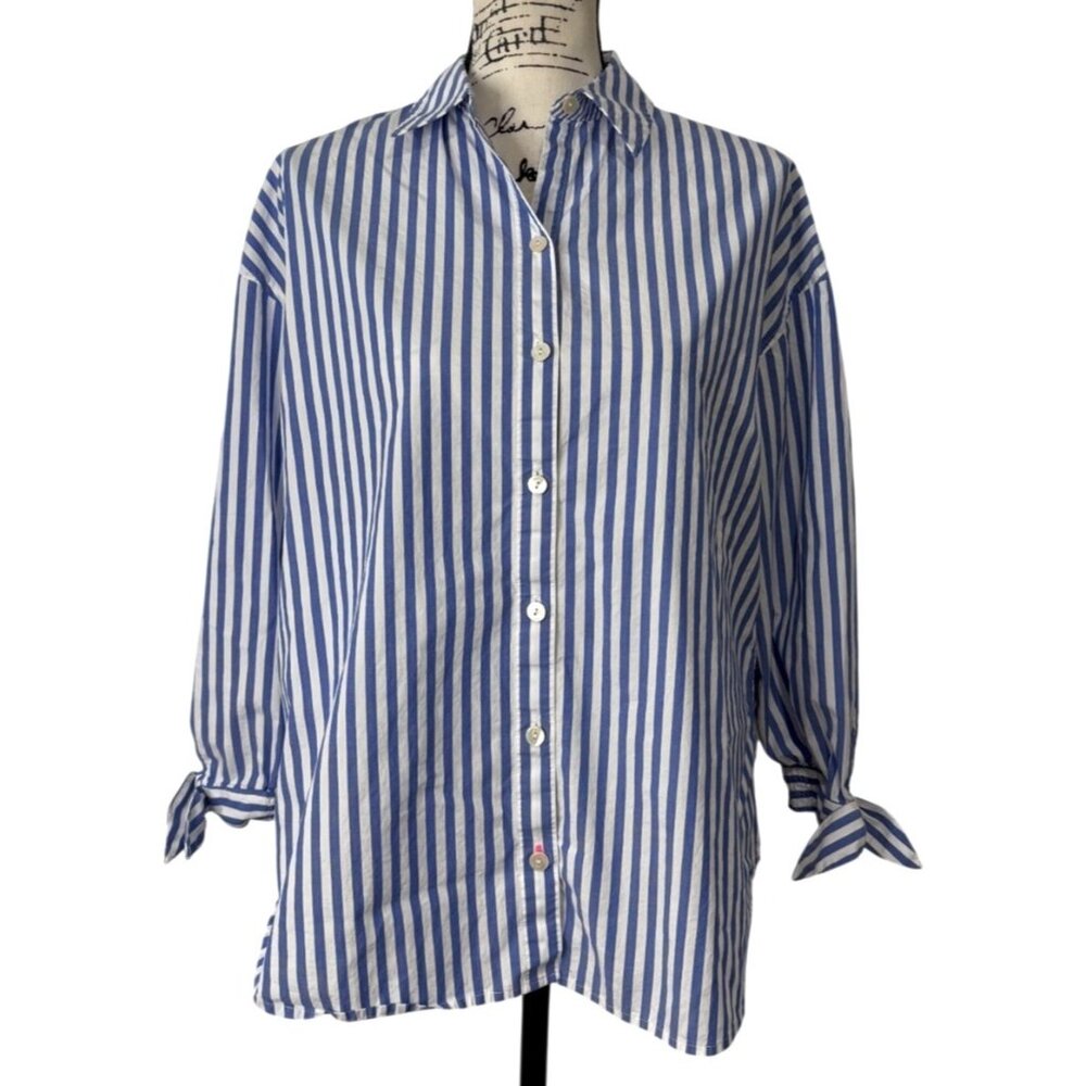 Lilly Pulitzer Blue White Striped Top Button-Up Shirt With Tie Sleeves Womens XS